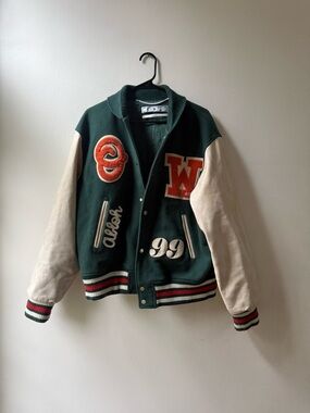 Off-White Green and Cream Varsity Jacket with Orange Patches